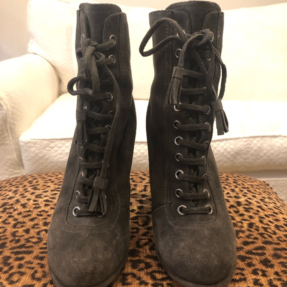 All Saints Lace Up Grey Suede Heeled Boots
